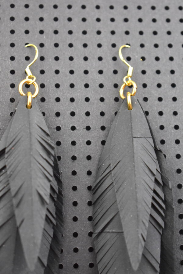 Upcycled tyre vegan feather earrings